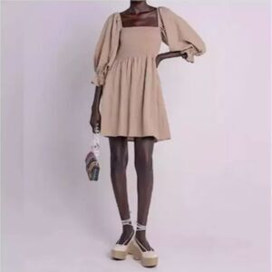 Kourt Portia Smocked Babydoll Mini Dress-Medium-Flax Blend-Puff Sleeve-Pockets